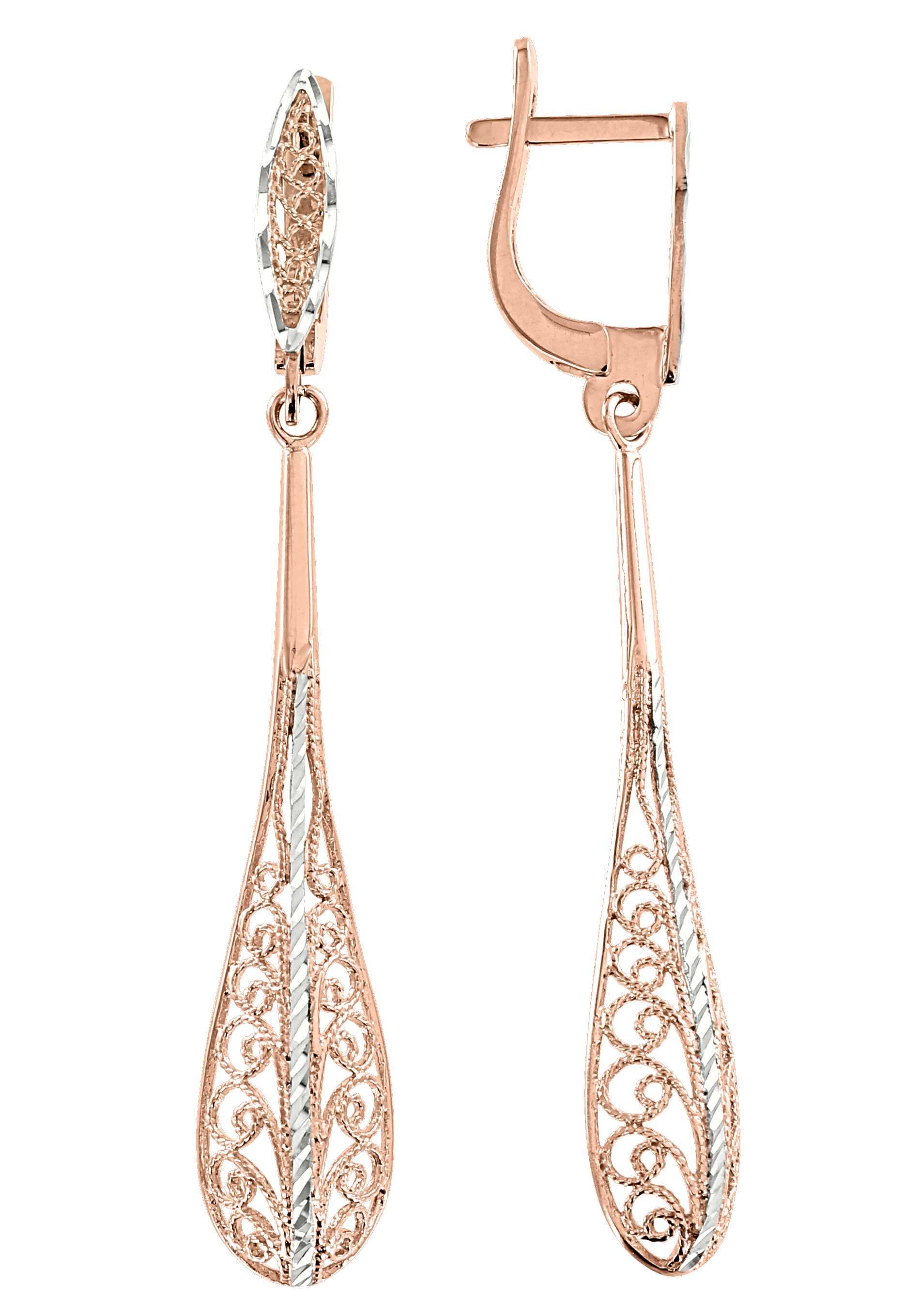 Серьги-подвески, красное / белое золото 585°, алмазная грань, 5,5 см Серьги-подвески, красное / белое золото 585°, алмазная грань, 5,5 см