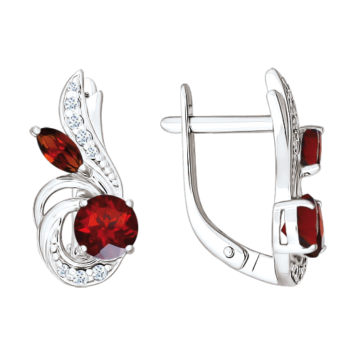 Серьги, серебро 925°, гранат, фианит, английская застежка, 18 мм Серьги, серебро 925°, гранат, фианит, английская застежка, 18 мм