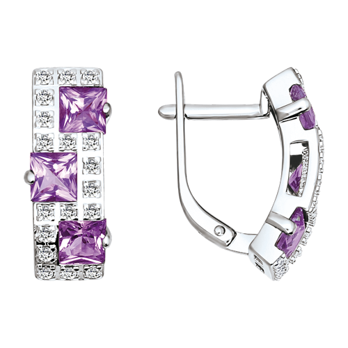 Ohrringe, Silber 925°, Amethyst, Zirkonia, englischer Verschluss, 18 mm Ohrringe, Silber 925°, Amethyst, Zirkonia, englischer Verschluss, 18 mm